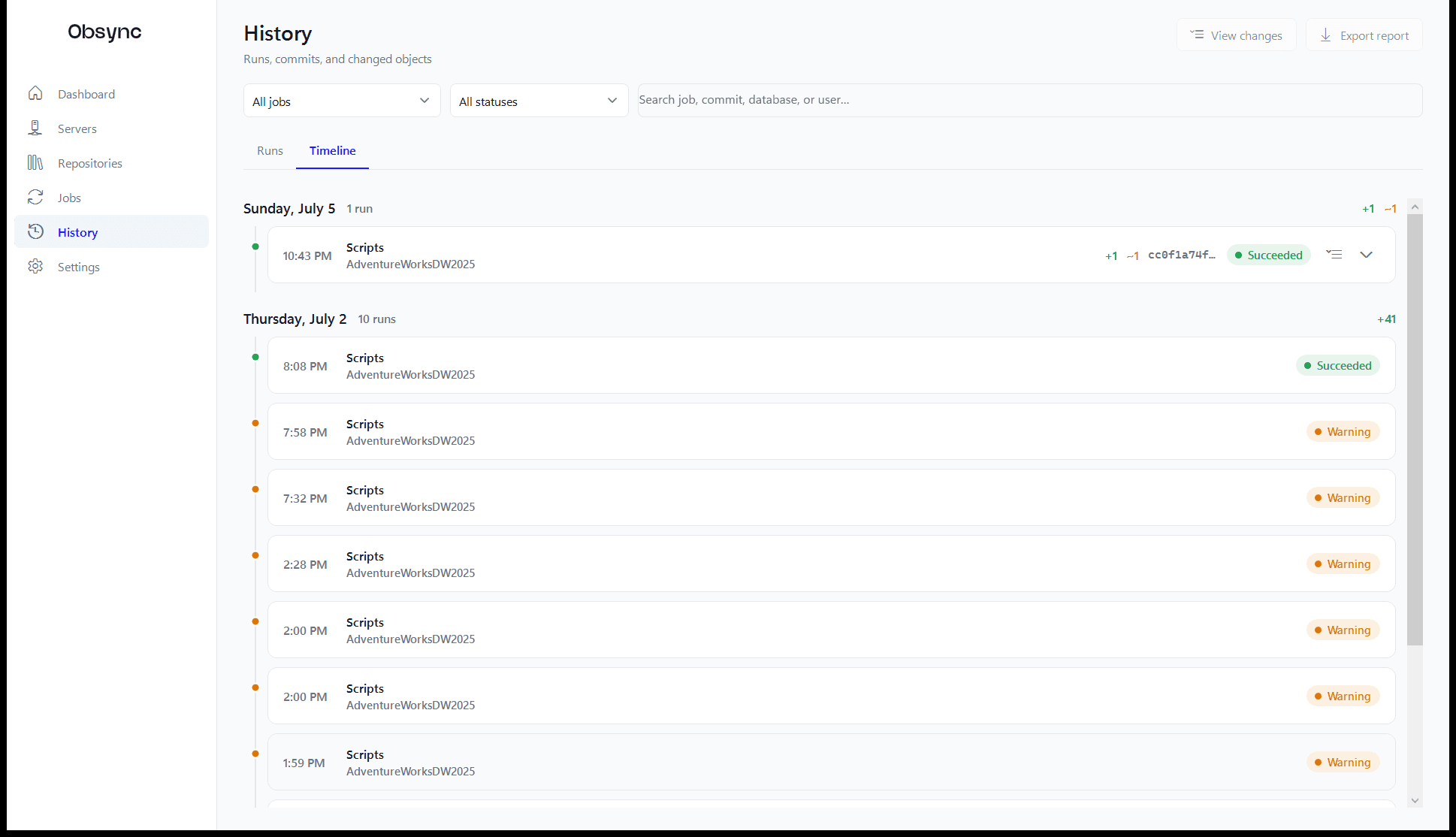 Obsync's History timeline grouping schema changes by day with change counts