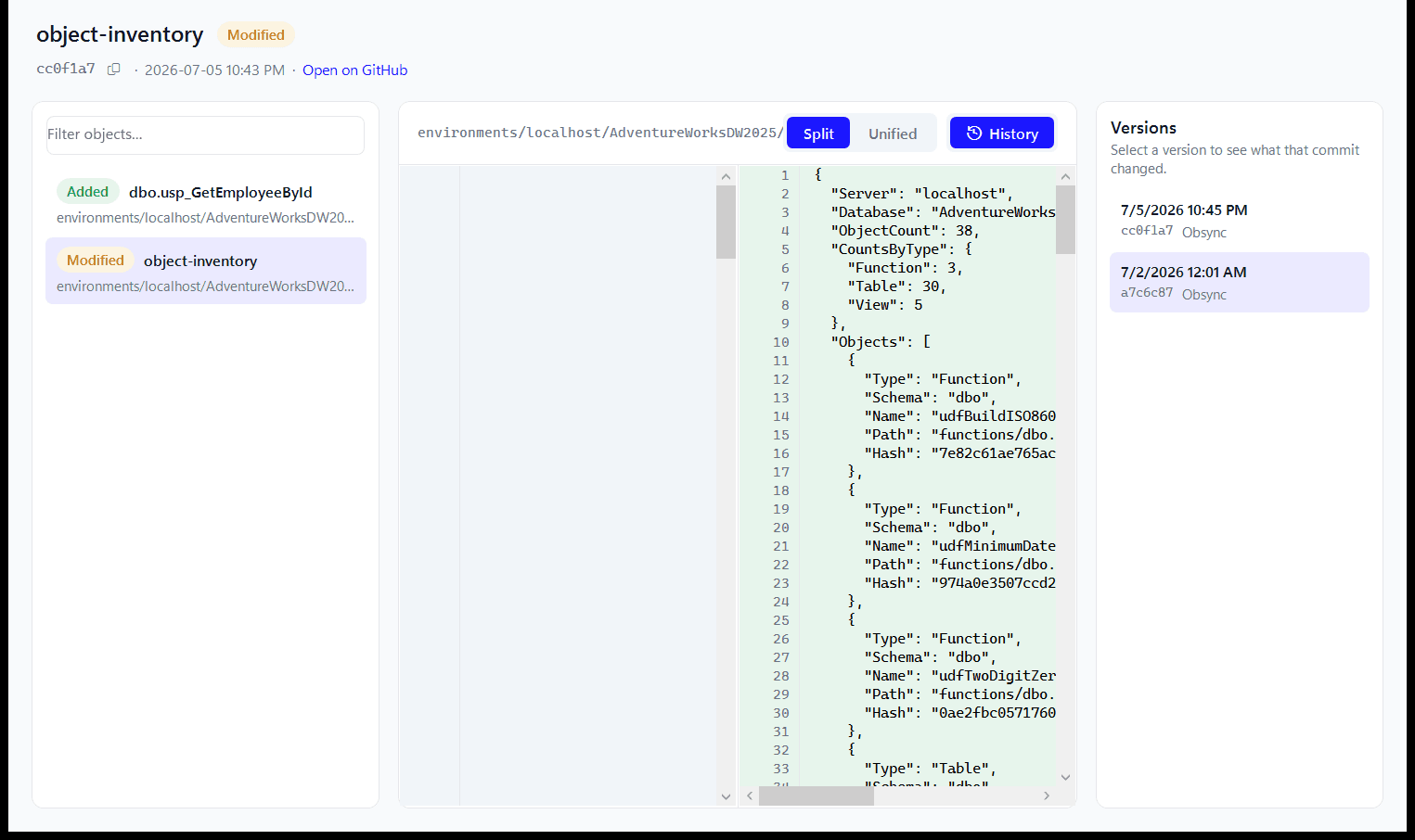 Obsync's diff viewer showing a historical version of a stored procedure