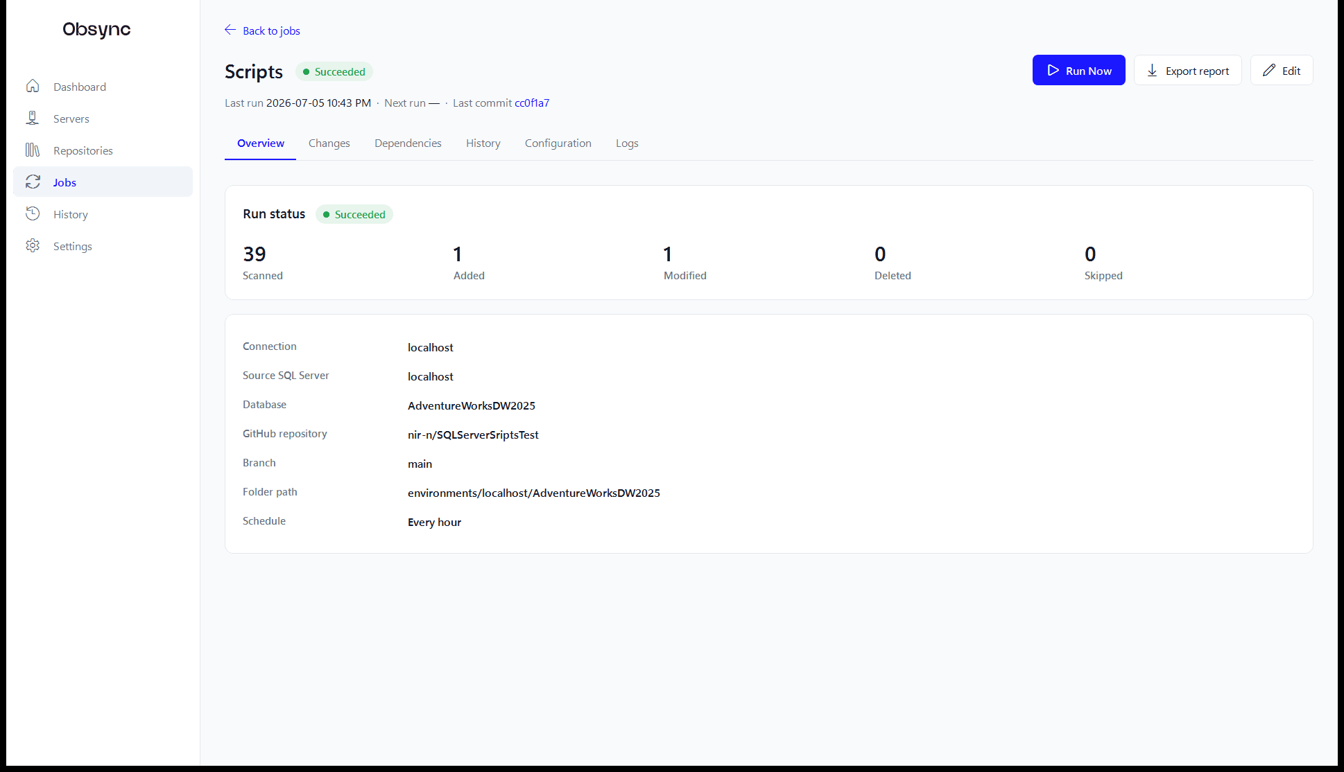 An Obsync job overview showing scan counts and run results