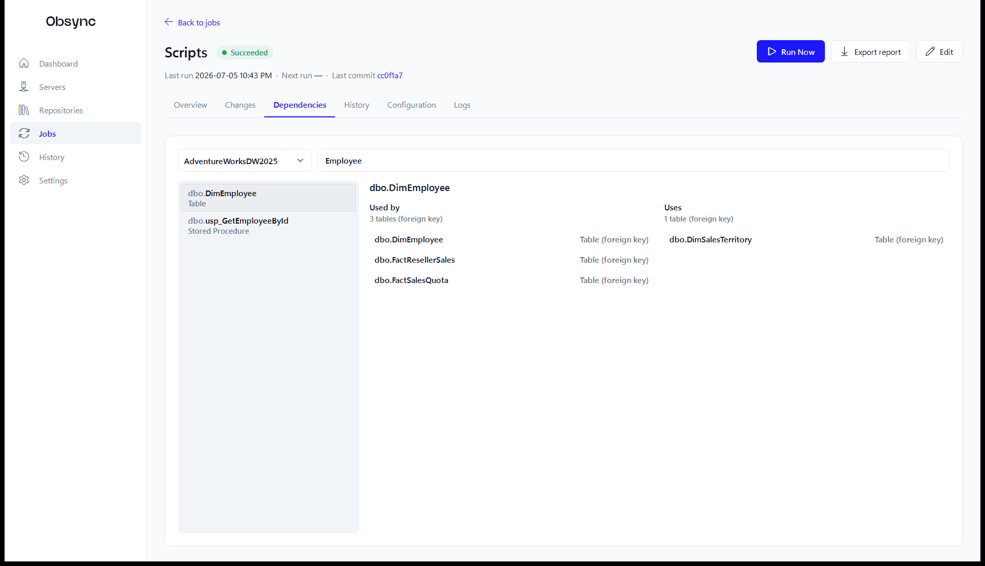 Obsync's dependency explorer showing what uses a selected table